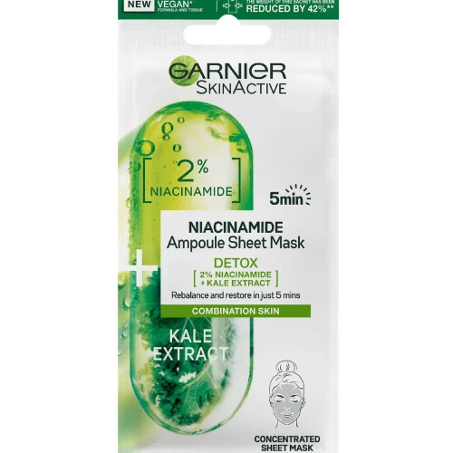 Garnier 2% Niacinamide + Kale Detox Ampoule Sheet Mask 15g.